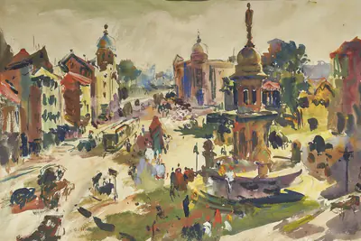 S.H.&nbsp;Raza (Artist), Bombay - Ruttonsee Muljee Jetha Fountain, 1945, Painting