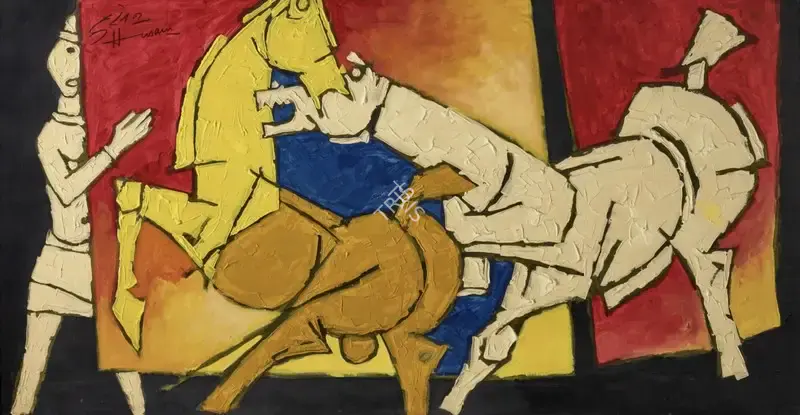 Husain, M.F. (Artist). Untitled (Woman with Horses), circa early 1980s | Painting, Ch.NeY/19.03.25, 2025 · Christie's