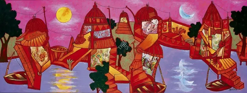 Manu Parekh (Artist), Landscape With Moon & Sun, 2010, Painting