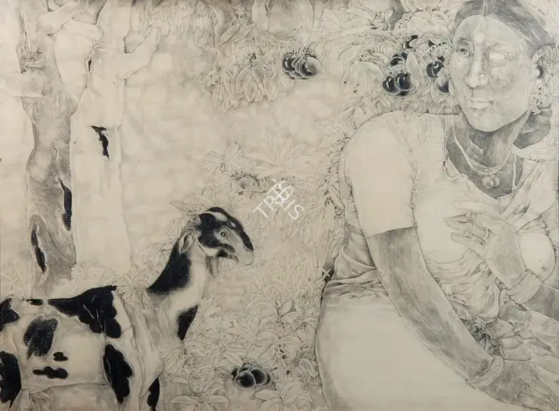 K. Laxma Goud (Artist), Woman With Goat, 1982, Drawing