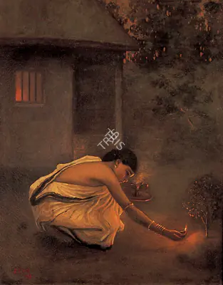 Jogesh Chandra Seal (Artist), Lighting the Diya, 1919, Painting