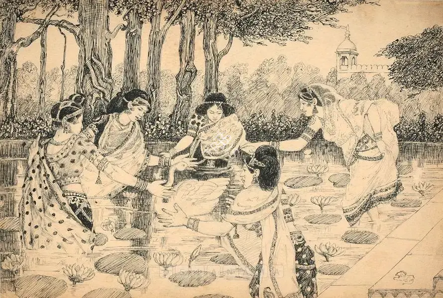 Satish Sinha (Artist), A Swan Surrounded By Women, 1914, Drawing