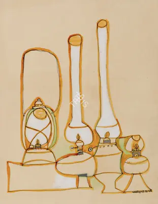 Jyoti Bhatt (Artist), Lamps, 1957, Painting