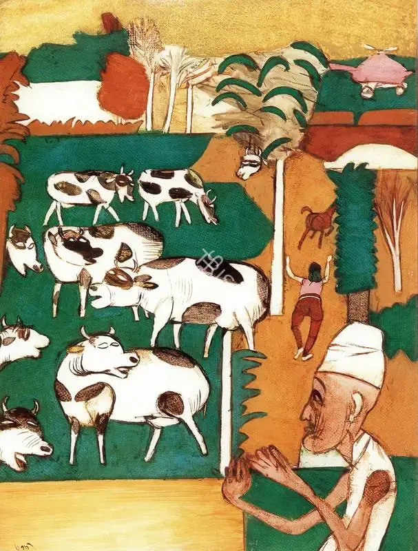Subramanyan, K.G. (Artist). Inayat Khan looks at Pastoral Scene. Watercolour and Oil on Acrylic Sheet, 1987 | K.G. Subramanyan, 2003 | Painting | FineArts | 00566181