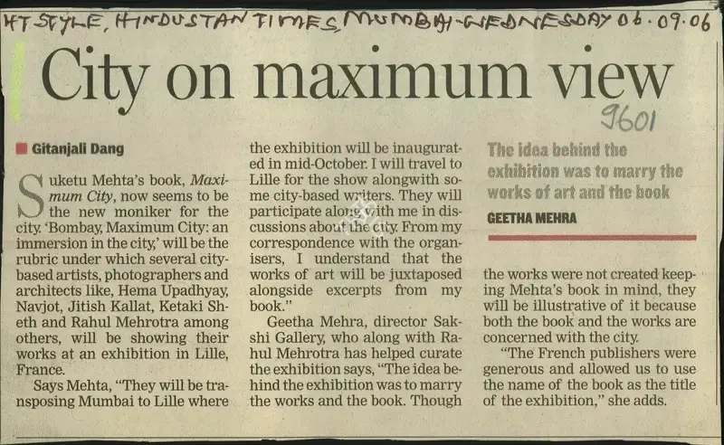 Gitanjali Dang (Reporter), City On Maximum View, 2006, Newspaper Clipping