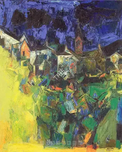 S.H. Raza (Artist), Untitled (Village), 1956, Painting