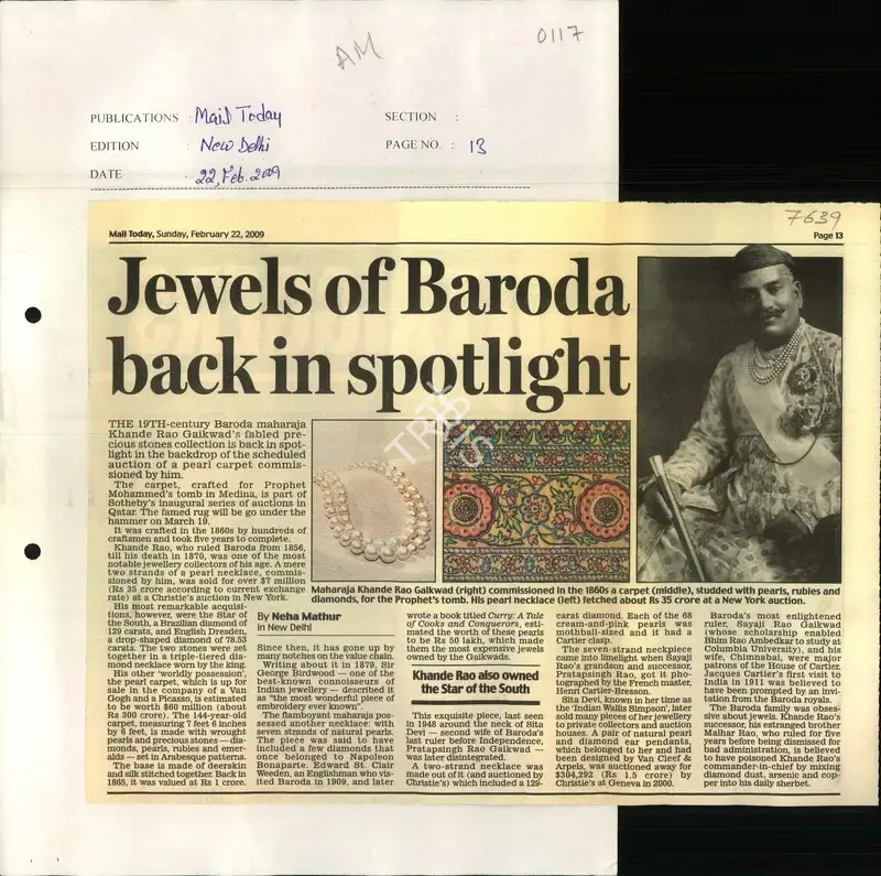 Neha Mathur (Reporter), Jewels of Baroda Back in Spotlight, 2009, Newspaper Clipping