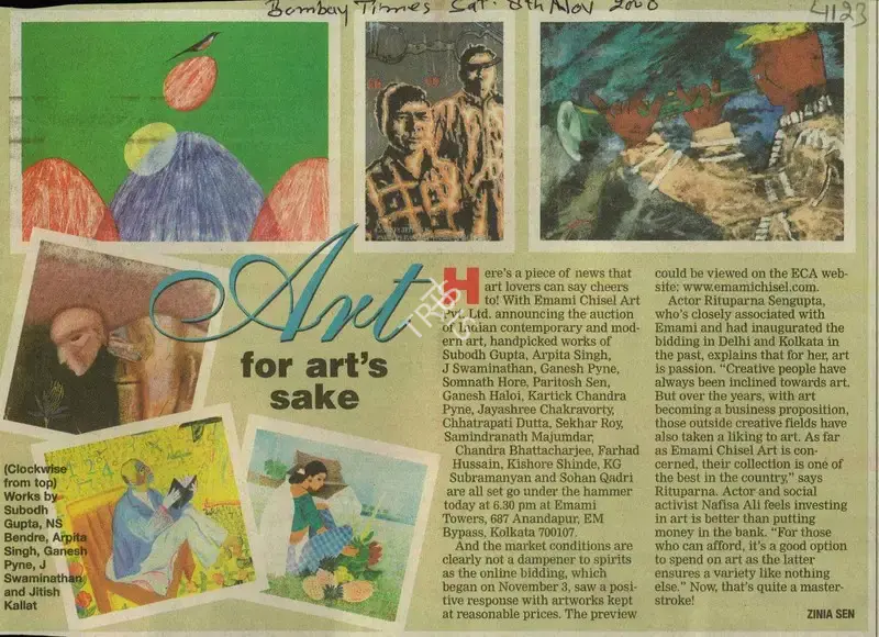 Zinia Sen (Reporter), Art for Art's sake, 2008, Newspaper Clipping