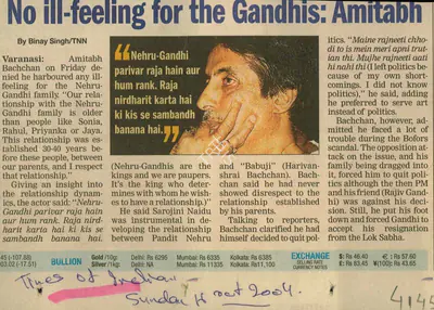 Binay Singh (Reporter), No ill-feeling for the Gandhis: Amitabh, 2004, Newspaper Clipping