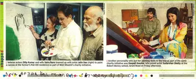 Veteran Actors Dilip Kumar and Wife Saira Bano Teamed Up With Artist Jatin Das (Right) to Paint a Canvas At The Former's Pali Hill Residence As Part of NGO Khushii's Charity Initiative., 2007, Newspaper Clipping