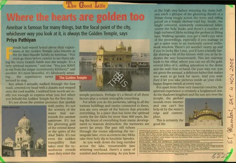 Priya Pathiyan (Reporter), Where the Hearts are golden too, 2006, Newspaper Clipping