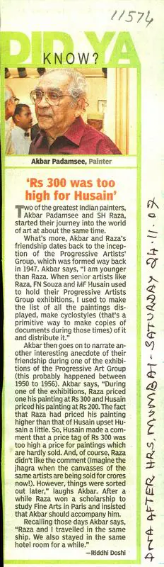 Riddhi Doshi (Writer), Rs 300 Was Too High For husain', 2007, Newspaper clipping