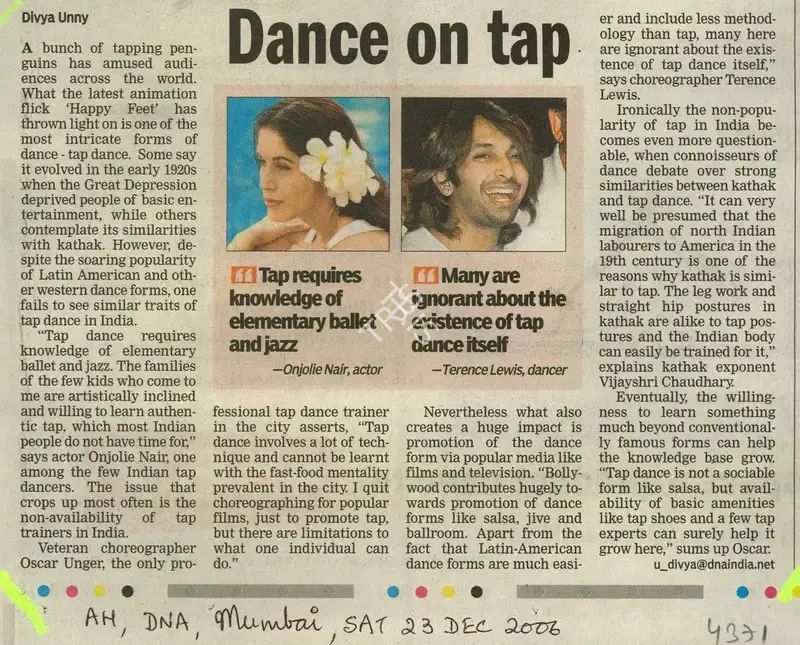 Divya Unny (Reporter), Dance on tap, 2006, Newspaper Clipping