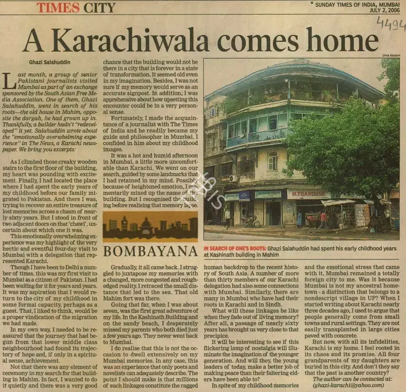 Ghazi Salahuddin (Reporter), A Karachiwala Comes Home, 2006, Newspaper Clipping