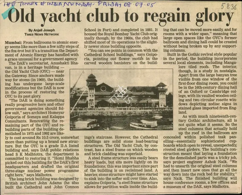 Anjali Joseph (Reporter), Old Yacht to Regain Glory, 2005, Newspaper Clipping