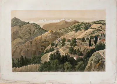 T. Picken (Lithographer), Mission Bungalow and School House at Khotghur - Sunset, 1852, Lithograph