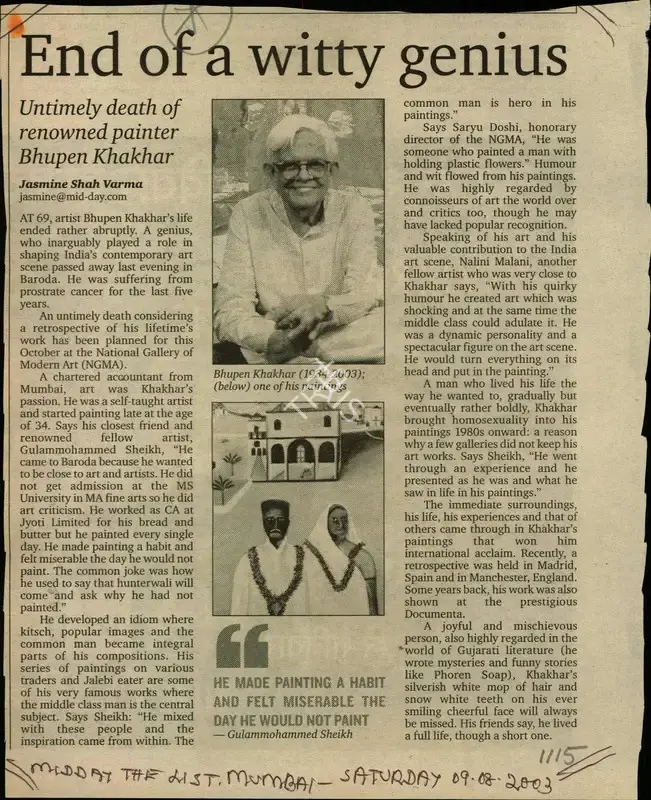 Jasmine Shah Varma (Reporter), End of a Witty Genius, 2003, Newspaper Clipping