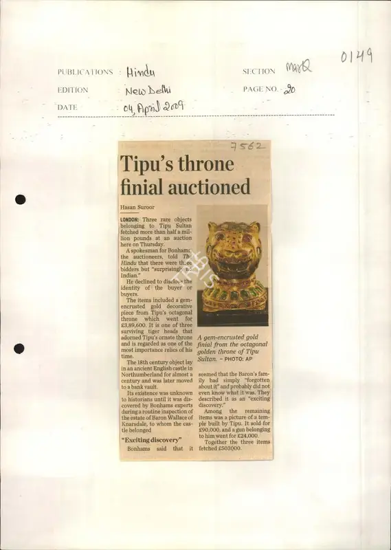 Hasan Suroor (Reporter), Tipu's Throne Finial Auctioned, 2009, Newspaper Clipping
