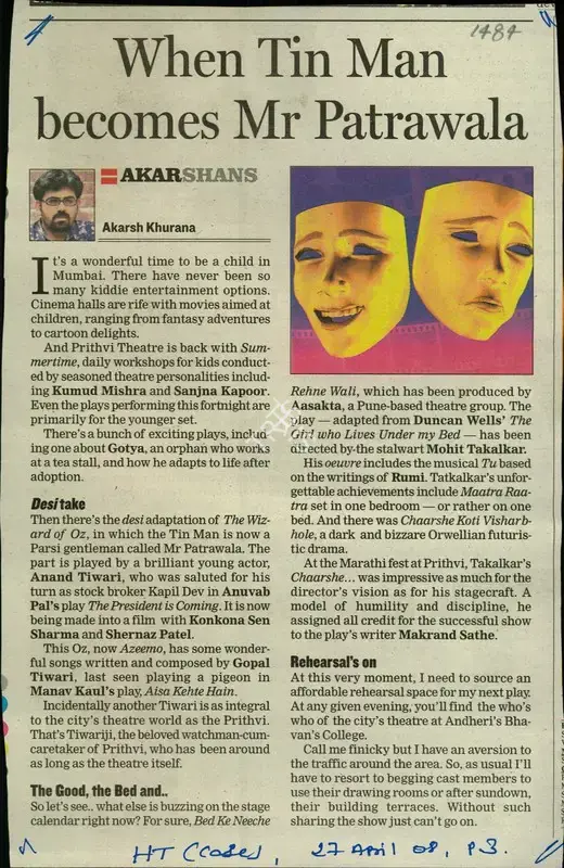 Akarsh Khurana (Reporter), When Tin Man Becomes Mr Patrawala, 2008, Newspaper Clipping