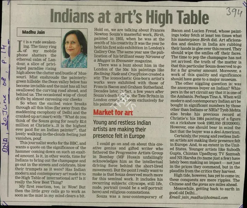 Madhu Jain (Reporter), Indians at Art'S High Table, 2008, Newspaper Clipping