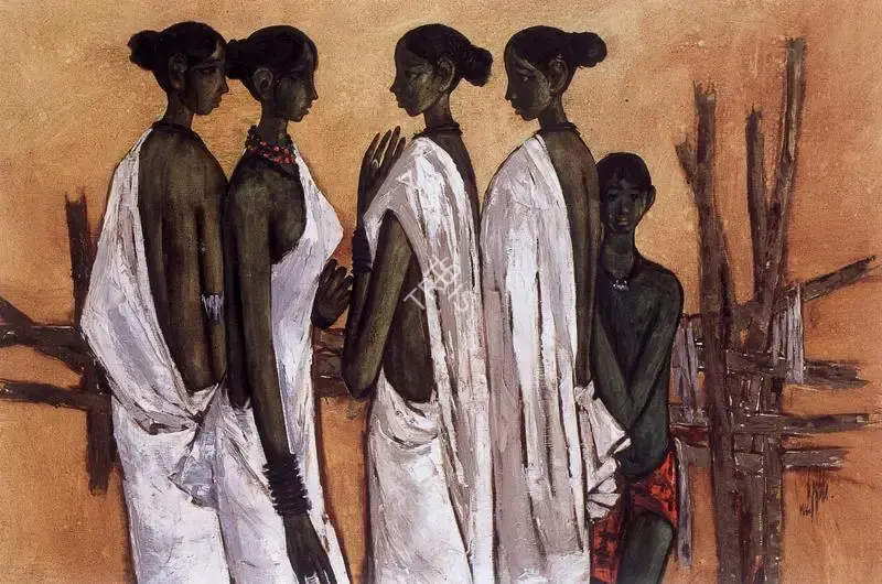 B. Prabha (Artist), Four Women Conversing, 1966, Painting