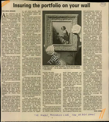 Tara Siegel Benanard (Reporter), Insuring the Portfolio on Your Wall, 2005, Newspaper Clipping