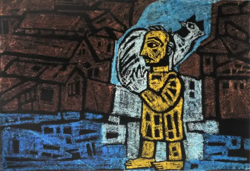 Badri Narayan (Artist), Untitled (Man with a Fowl), 1965, Painting