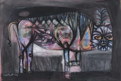 Jyoti Bhatt (Artist), Cat with a Parrot in her Tummy, 1964, Painting