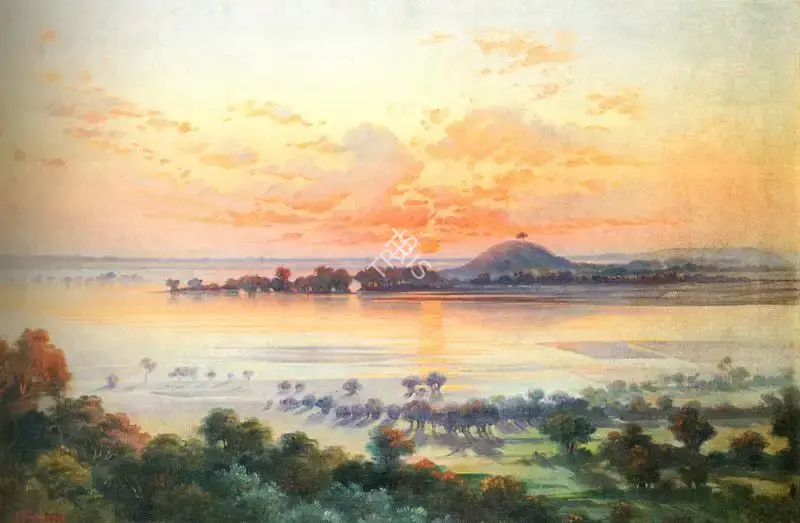 S.G. Thakur Singh (Artist), A River Landscape  at Sunset, 1939, Painting