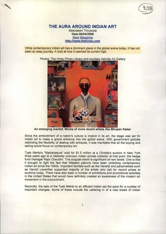 Meenakshi Thirukode (Reporter), The Aura Around Indian Art, 2008, Newspaper Clipping