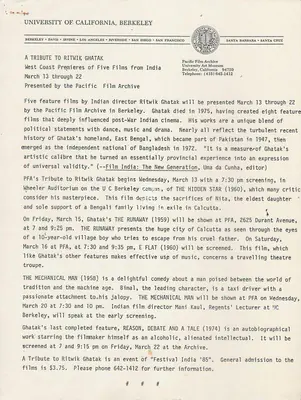 Pacific Film Archive (Presenter). Ghatak Retrospective at Berkley. 1985 | Letter | CinemaEducation | 00457189
