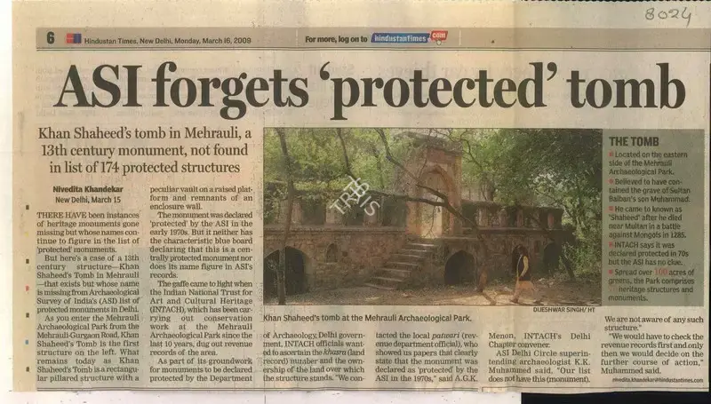 Nivedita Khandekar (Reporter), ASI forgets Protected Tomb, 2009, Newspaper Clipping