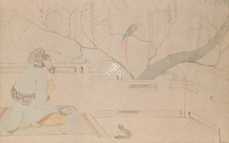 Badri Nath Arya (Artist), Man looking at a parrot, Painting