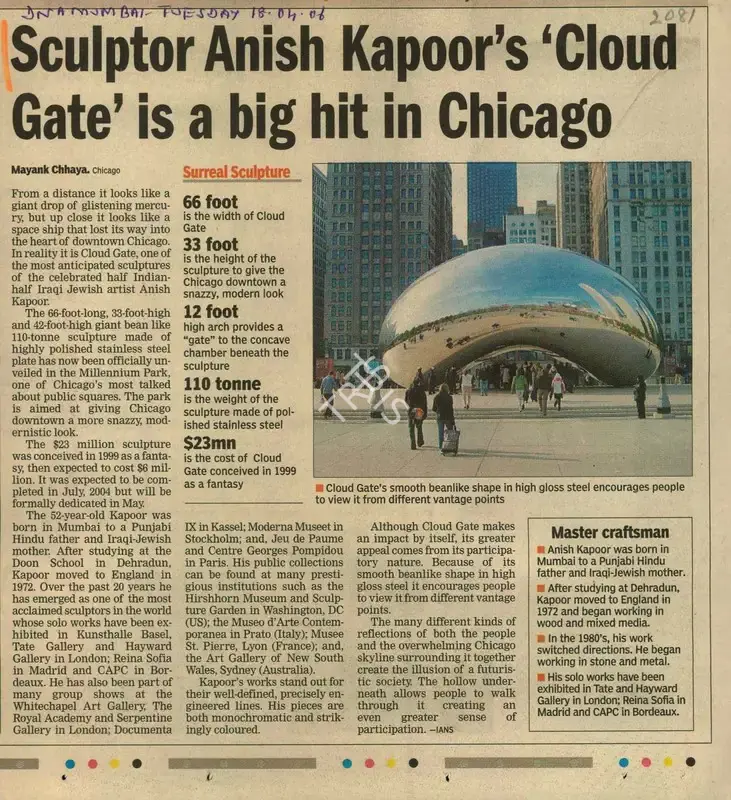 Mayank Chhaya (Reporter), Sculptor Anish Kapoor's 'Cloud Gate' Is a Big Hit In Chicago, 2006, Newspaper Clipping