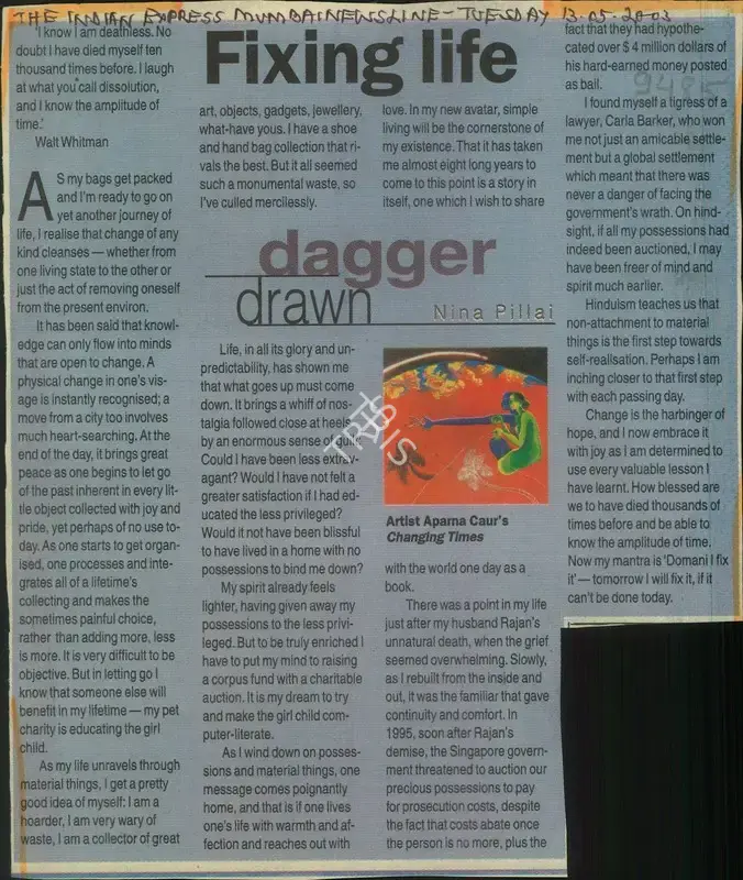 Nina Pillai (Writer), Fixing Life, 2003, Newspaper Clipping
