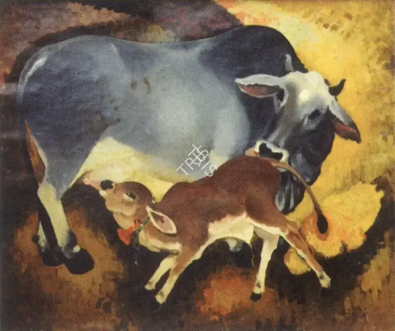 N.S. Bendre (Artist), Cow and Calf, 1948, Painting