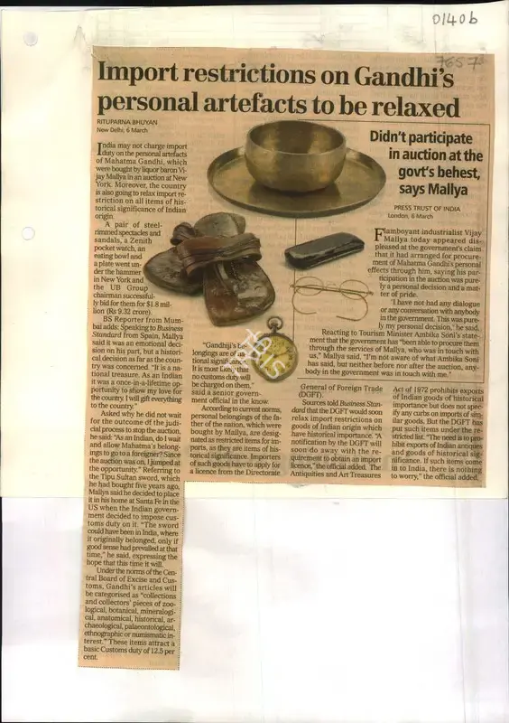 Rituparna Bhuyan (Reporter), Import Restrictions on Gandhi's Personal Artefacts to be Relaxed, Newspaper Clipping