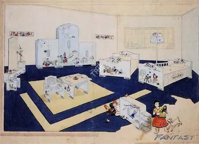 Husain, M.F. (Artist). Design for a Suite of Nursery Furniture Decorated with Scenes of Indian Village Life. Gouache on paper, unframed, n.d. | Painting | FineArts | 00373646