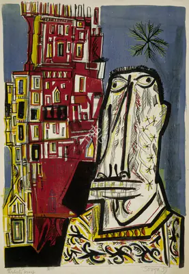 F.N. Souza (Artist), Untitled (Portrait in Cityscape), 1959, Graphic Art
