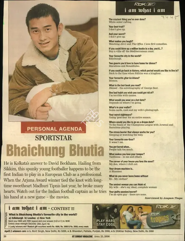 Anupam Thapa (Reporter), Bhaichung Bhutia, 2006, Newspaper Clipping
