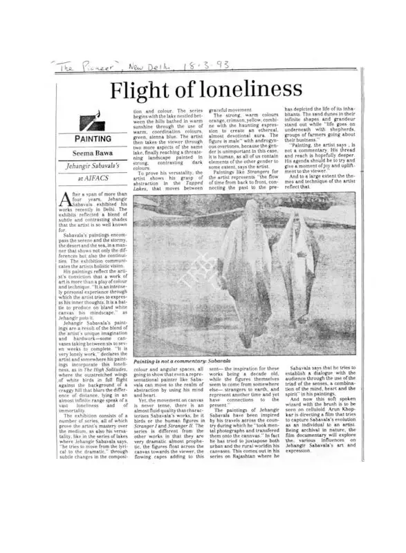 Seema Bawa (Writer), Flight of Loneliness, 1993, Newspaper Clipping