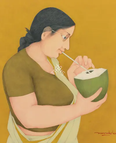 Lalu Prasad Shaw (Artist), Untitled (Woman Drinking From A Coconut), 1980, Painting