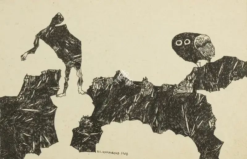 K. Laxma Goud (Artist), Untitled (Man between the rocks), 1968, Painting