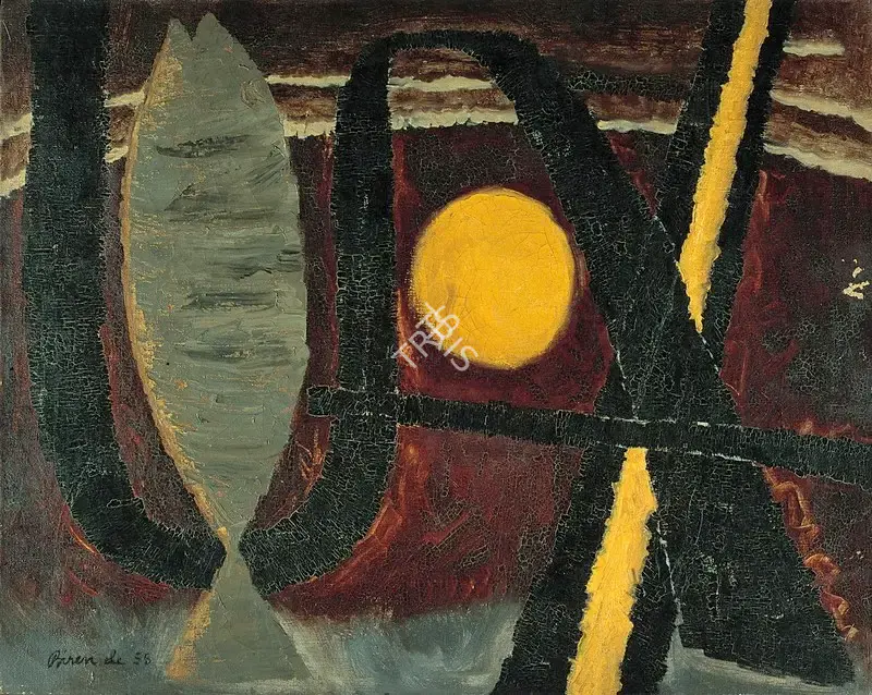 Biren De (Artist), Moon and the Fish, 1958, Painting