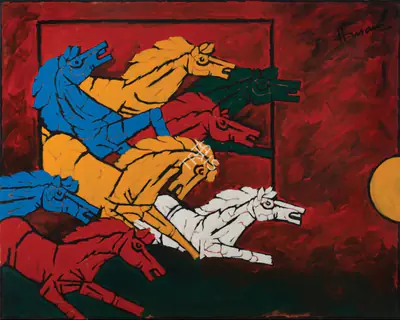 M.F. Husain (Artist), 8 Horses, 2005, Painting