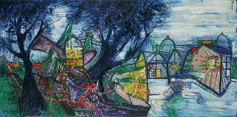 Manu Parekh (Artist), Moonlight at Banaras, 2005, Painting