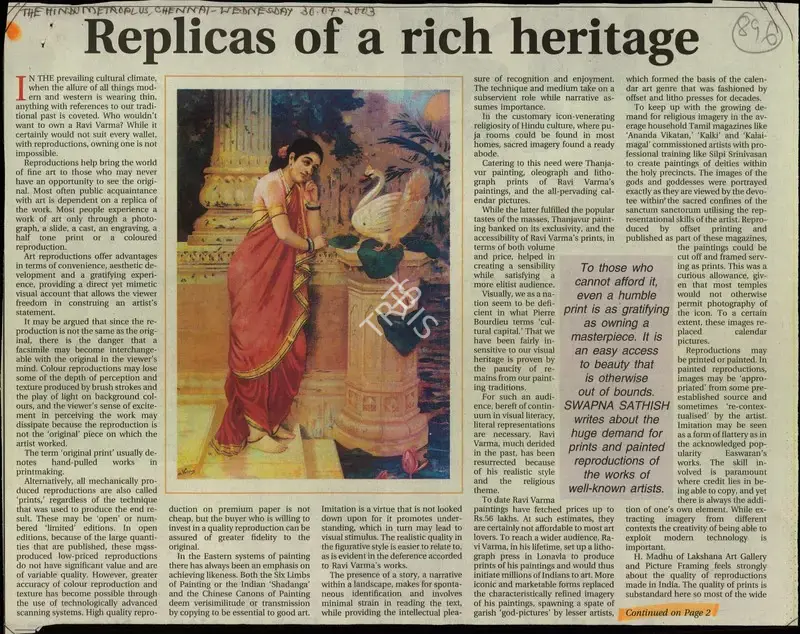 Swapna Sathish (Reporter), Replicas of a Rich Heritage, 2003, Newspaper Clipping
