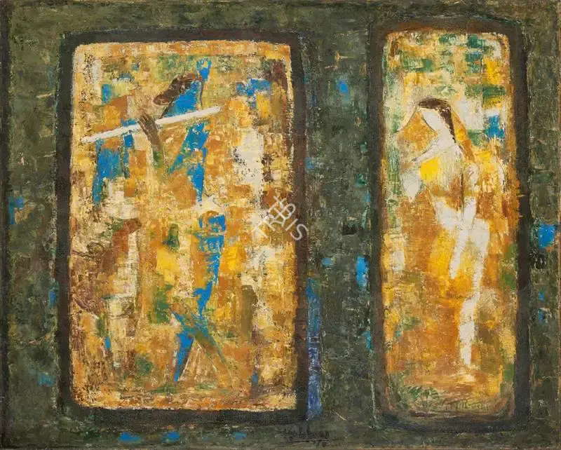 K.K. Hebbar (Artist), Radha Krishna, 1970, Painting
