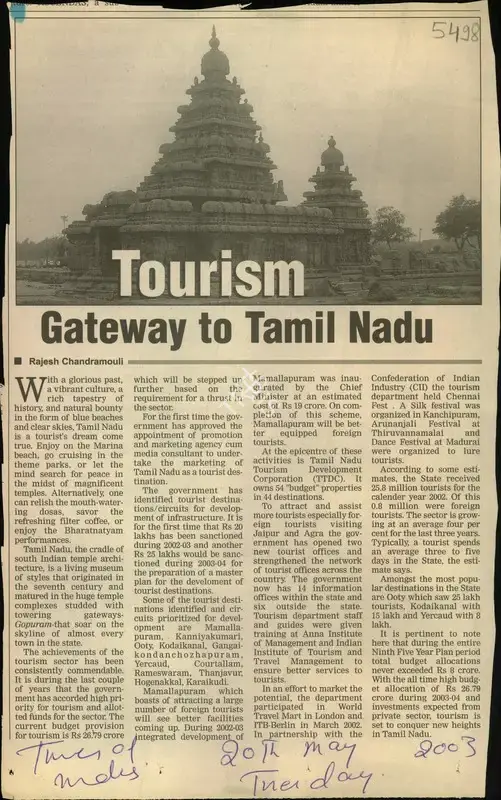 Rajesh Chandramouli (Reporter), Tourism: Gateway to Tamil Nadu, 2003, Newspaper Clipping