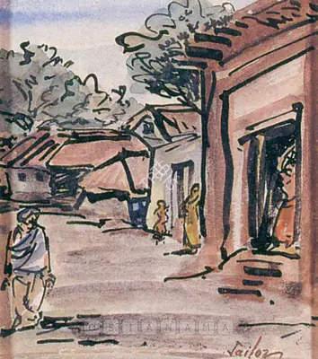 Sailoz Mookherjea (Artist), Village Scene, Painting